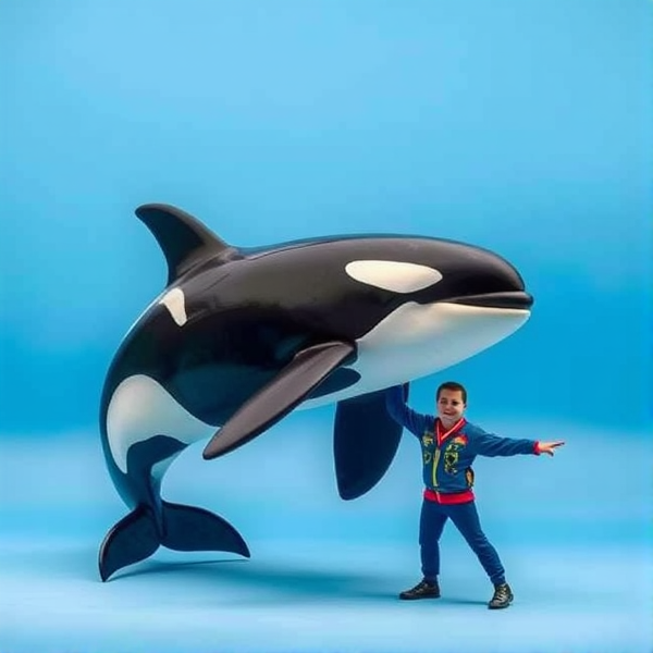 A blue background with an orca and circus trainer