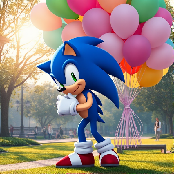 Sonic the Hedgehog in a dynamic standing pose, gripping a large helium tank, with a vibrant bouquet of assorted 16-inch balloons totaling 450 in number, set against the backdrop of a sunlit park scene