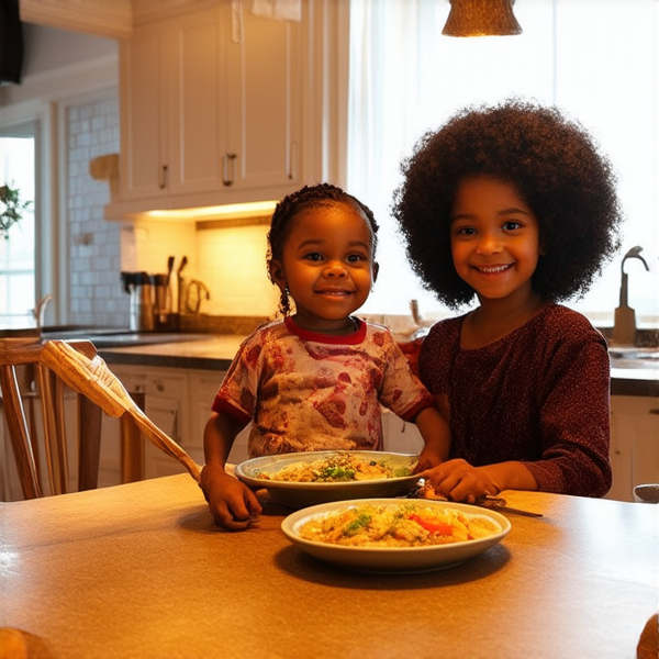 famille afro-américaine rayonnante de joie, posant pour un portrait avec de grands sourires, réunie autour d'une table de salle à manger impeccablement dressée avec divers plats savoureux et colorés, dans une cuisine spacieuse aux touches contemporaines et éclairage chaleureux