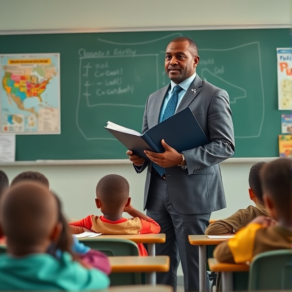 Directeur d'école afro-américain debout tenant un classeur ouvert dans ses mains portant un costume formel, dans une salle de classe avec un tableau vert, s'adressant  à un groupe d'élèves afro-américaines attentives de huit ans assises à leurs pupitres. Ils sont entourés de matériel pédagogique adapté à leur âge, comme des cartes géographiques, des affiches éducatives et des dessins d'enfants accrochés aux murs. La scène dégage une atmosphère chaleureuse et encourageante.