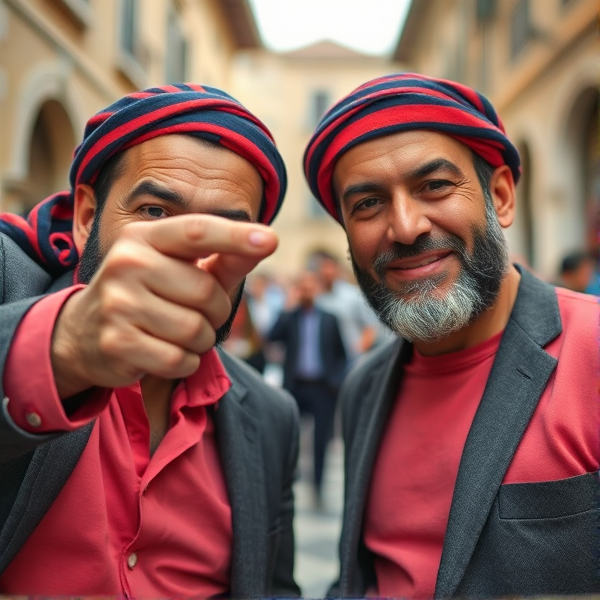 Deux hommes d'affaires seniors marocains barbus accroupis, portant des cravates longues à rayures bleutées et rouges, fixent l'objectif avec assurance tout en tenant une seringue pointée dans une tête hors du champ de vision. La scène est capturée en contre-plongée pour accentuer leur domination. Ils portent des chemises roses et arborent un sourire léger.