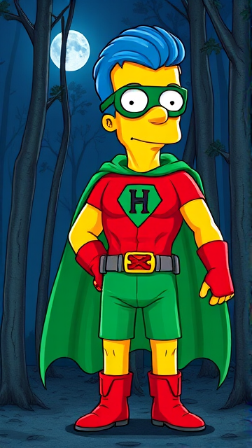 Milhouse Van Houten from The Simpsons, with his yellow skin, really big round nose, and blue hair that's slicked back and curled up at the top, but as an 18-year old teenager, dressed as a parody of Robin, The Boy Wonder, with an extremely muscular torso and arms, a green bodysuit with a red torso adorned with a green H symbol on his chest, a grey utility belt, red boots, red long-cuffed gloves, a big, heel-length long, ultra-wide green cape around his neck held up by a silver triangle pin, and a green eye mask with optical lenses in it, now known as Houseboy, The Nerd Wonder, the other half of Springfield's Dynamic Duo, and one of the greatest vigilante superheroes ever known in Springfield. He is currently standing in the forest at night, taking a break from his heroic duties to reflect on his growth and transformation into the vigilante he has become.