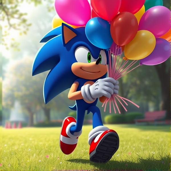 Sonic the hedgehog, holding big bunch of many colorful balloons bouquet, running, park, anime style