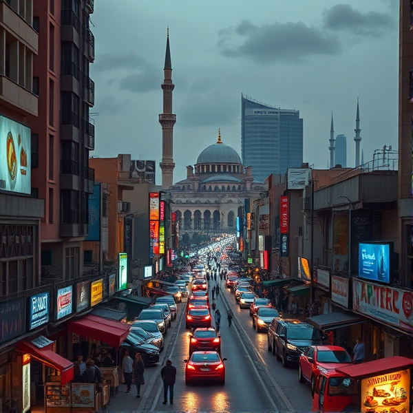 Casablanca 2050: a bustling metropolis blending Moroccan architecture with futuristic skyscrapers, neon-lit souks, hover cars seamlessly navigating above the streets, advanced cybernetic enhancements visible on diverse pedestrians, traditional Moroccan attire mixed with cutting-edge fashion, holographic billboards displaying adverts in Arabic and French, a redesigned Hassan II Mosque with high-tech features presiding over the cityscape, robotic vendors selling street food amidst the scent of spices and mint tea