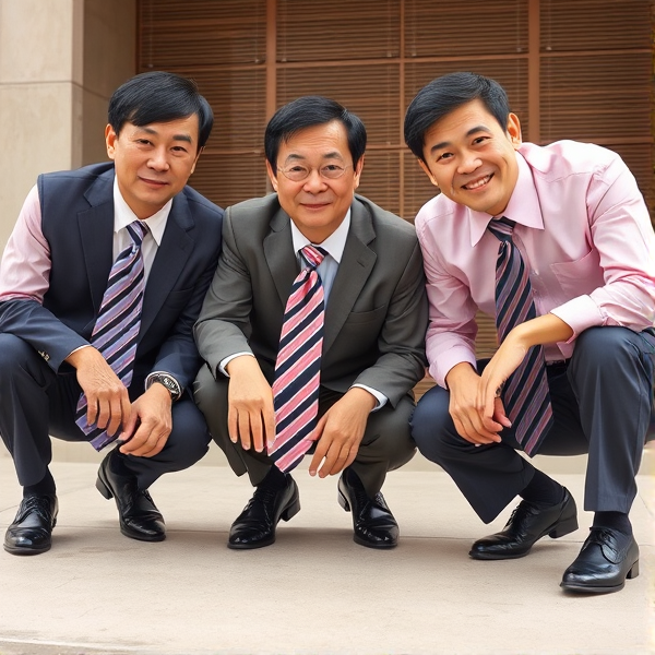 Hommes d affaires japonais senior accroupis en longue cravate lignée large et chemise rose, ils regardent la caméra