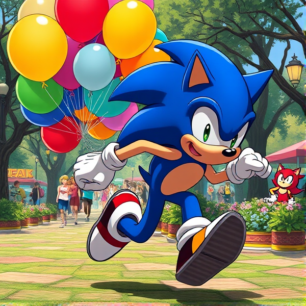 Sonic the Hedgehog in full sprint, captured in a dynamic and energetic running stance, his hand clutching a vibrant cluster of variously colored balloons numbering 450, each with a diameter of 16 inches. The background is alive with the buzz of a park teeming with diverse activities, lush trees, and plants, all depicted in a deeply saturated anime style that's rich in color and detail