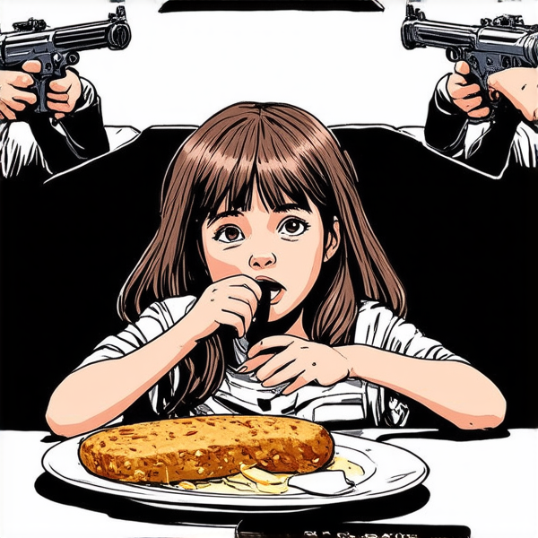 Dessine une jeune fille, brune cheveux long fine qui engloutit une raclette, on doit voir l’appareil à raclette sur la table et une assiette avec une pomme de terre ronde et du fromage dessus derrière elle on voit distinctement deux voitures en face à face avec les personne qui se tire dessus on voit les bras sortir avec le pistolet à la main, fait une image plus éloigné