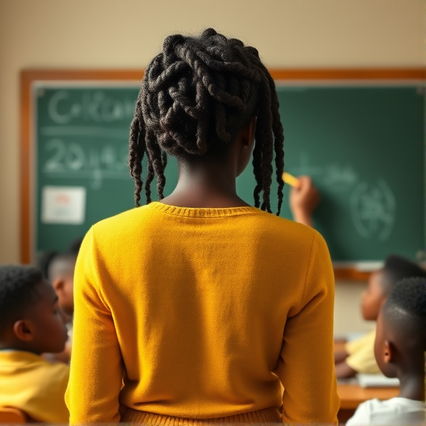 Une enseignante noire âgée de quarante ans coiffée de tresses africaines traditionnelles, portant un pull jaune  se tient le dos tourné en train d'y écrire à la craie blanche au tableau dans une salle de classe avec des élèves noires agés de huit ans.