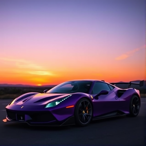 Ferrari 458 pista liberty wide body kit purple in front of a sunset