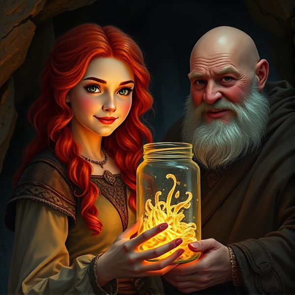 Red haired Caucasian Arthurian princess holds a jar of glowworms in a cave with a plump elderly bald jovial male monk