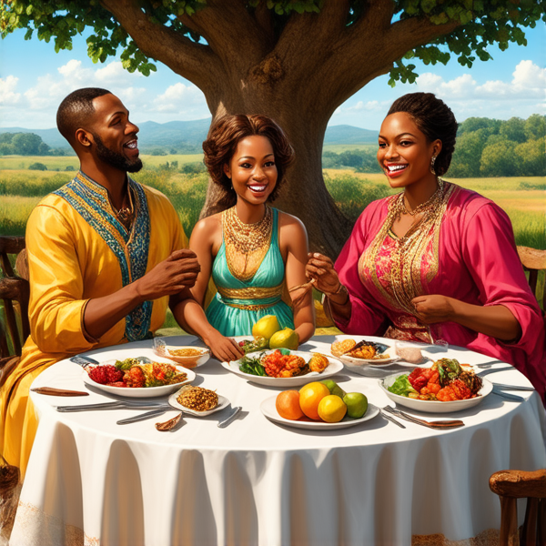 prompt: Un grand repas de famille traditionnel en plein air sous un baobab en Afrique, avec des plats locaux colorés et variés, des fruits exotiques, une grande nappe colorée, des hommes et femmes africains vêtus de tenues traditionnelles multicolores souriants et partageant un moment convivial