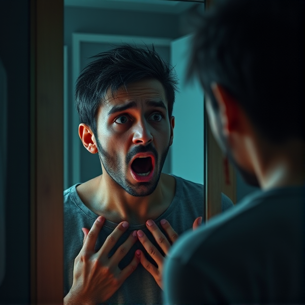 man transformed into woman looking in mirror panic