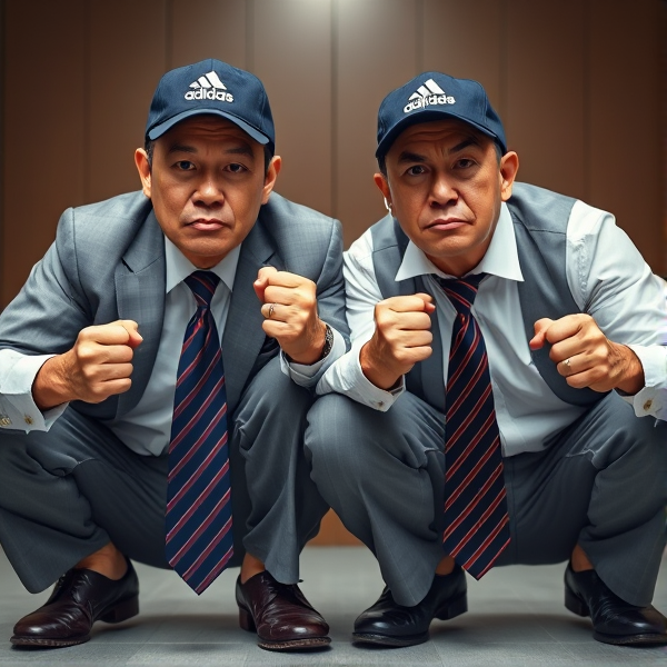 Deux  différents hommes d'affaires japonais puissants mature  accroupis et faché  portant des casquettes Adidas  et des cravates rayées longues  bleue rouge et oreillettes Apple 
Ils sont complices et conquérants , ils dominent 
 , accroupis pas trop et regard fort
Ils sont hypnotisant du regard , amis, complice , envoûtant , charismatique 
Ils se tiennent par les épaules , il fixent l objectif de la caméra