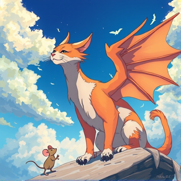 Griffin crossed with a scenecore cat with bird angelic wings who has a magical ghost mouse as a sidekick