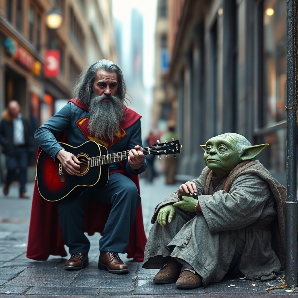 show me an old beat up 3d version of Chicago blues singer, long grey hair and beard. Dressed as superman. Busking with guitar and stompbox.  Sitting in the gutter beside him is another busker, with a large costume head of Yoda, to his side that he has just removed . He looks sweaty and tired.