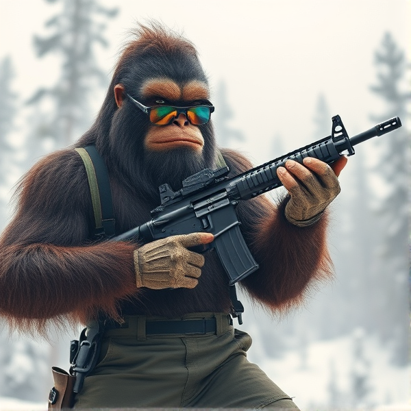 Big foot holding an assault rifle wearing sports glasses and 80s retro suspenders
