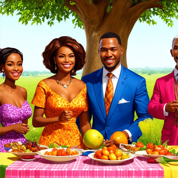prompt: Un grand repas de famille traditionnel en plein air sous un baobab en Afrique, avec des plats locaux colorés et variés, des fruits exotiques, une grande nappe colorée, des hommes et femmes africains vêtus de tenues traditionnelles multicolores souriants et partageant un moment convivial