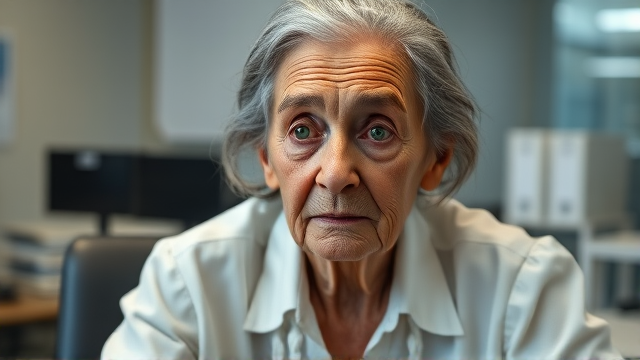 A thin, emaciated, 80 year old lady with thinning Gray hair, cold green eyes, wearing white, slighty unbuttoned blouse, sits in an office, at a desk, looking sad & lonely as death approaches. Realistic picture