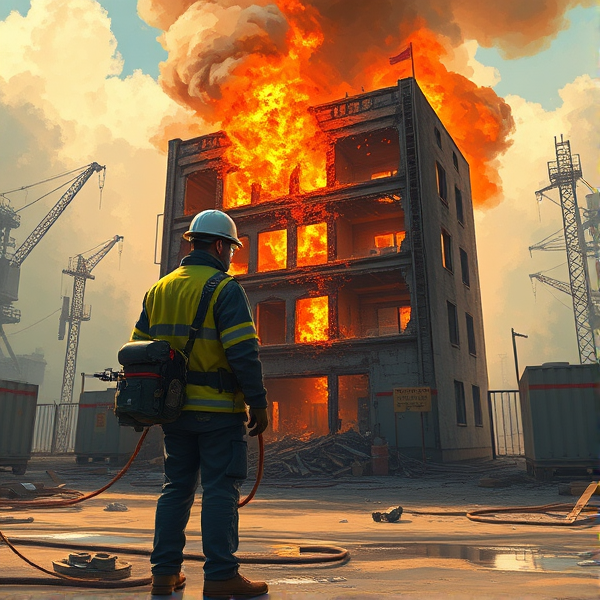 And Asbestos assessor on a job site where a fire has destroyed and Asbestos building. .