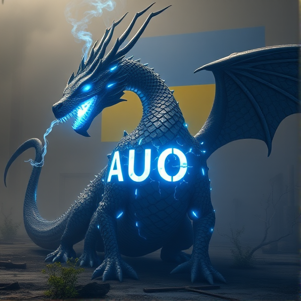 An intricately designed, streamlined dragon bearing the vivid acronym "AUO" on its chest in a radiant, blue electric luminous font that casts an electric glow, emanating waves of intense energy. The dragon's scales are a masterpiece of detailed circuit patterns that shimmer with a lifelike electrical pulse. From its nostrils, ethereal streams of digital smoke curl upwards, timed with the deep, resonant roars that showcase its electrified sharp fangs. As a respectful nod to tribute and unity, incorporate elements of the Ukrainian flag within the composition. This majestic creature resides in a desolate post-apocalyptic landscape that accentuates its powerful presence. In the background is the Ukrainian flag, a rectangle, with the top half blue and the bottom half yellow.
