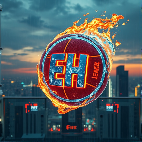 EH Logo with Fire and Water on it, with basketball in the air on fire, hyper realistic,