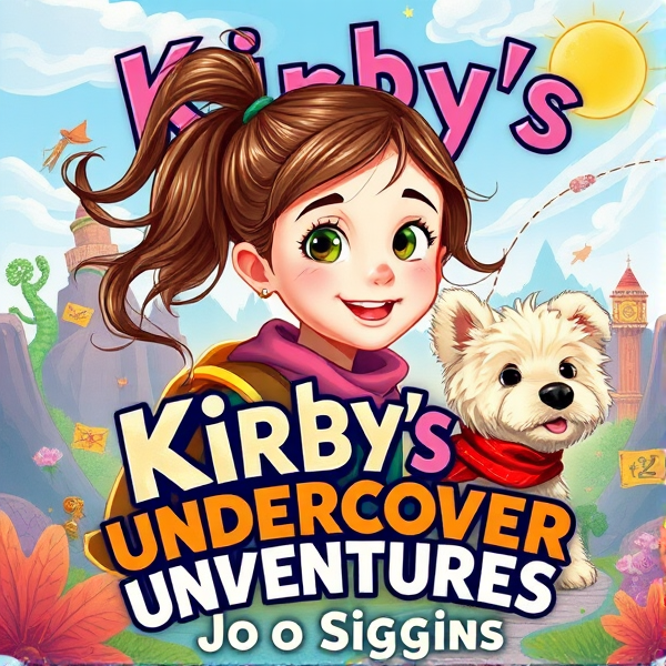 Bright and whimsical book cover design featuring a 10 year old with brown ponytail as the protagonist on an adventurous journey, bursting with vivid colors and elements that appeal to 10-year-old girls such as magical landscapes, treasure maps, and friendly cream scruffy dog with red scarf. The artwork should capture the essence of a childlike wonder and the excitement of exploration, ideally incorporating symbols of adventure like compasses, binoculars, or hidden paths. The typography should be bold and inviting, resonating with young readers' imagination and sense of fun. The title is Kirby’s Undercover Adventures. The author name is Jo Siggins