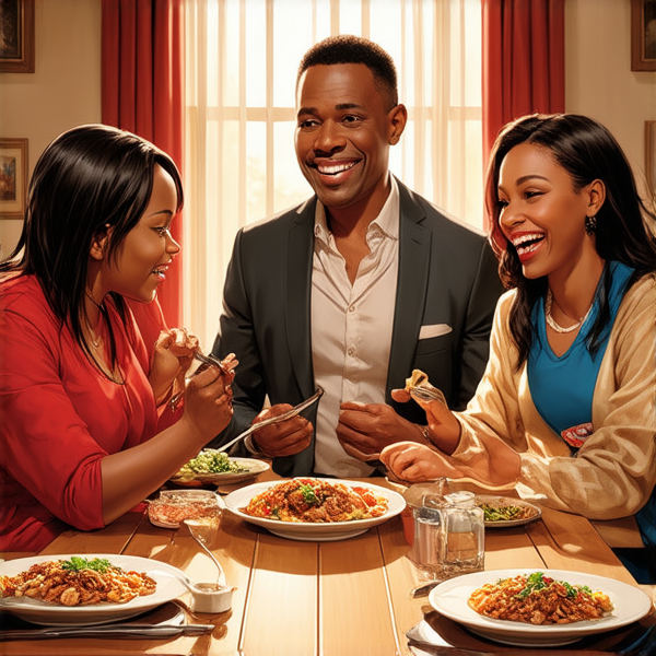 Repas de famille afro-américaine chaleureux et convivial, avec un grand assortiment de plats traditionnels soul food sur une grande table en bois, entourée de membres de la famille riant et partageant des moments ensemble dans une salle à manger bien éclairée et décorée pour l'occasion