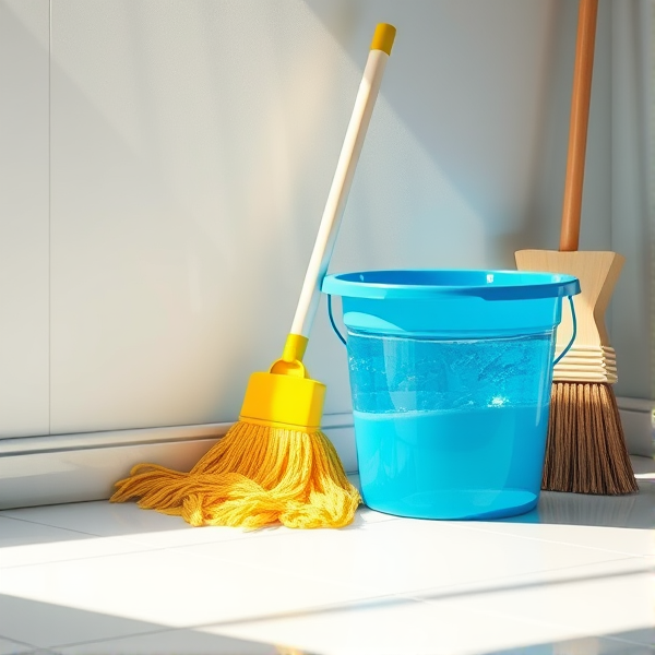 A meticulously arranged cleaning corner in a brightly lit room, featuring a shiny blue bucket filled with crystal-clear water, a neatly folded yellow mop resting beside it, a stiff-bristled scrub brush, and an upright broom with clean, natural straw bristles set against the wall. Soft shadows accentuate the textures of each object and the clean, tiled floor reflects the ambient light