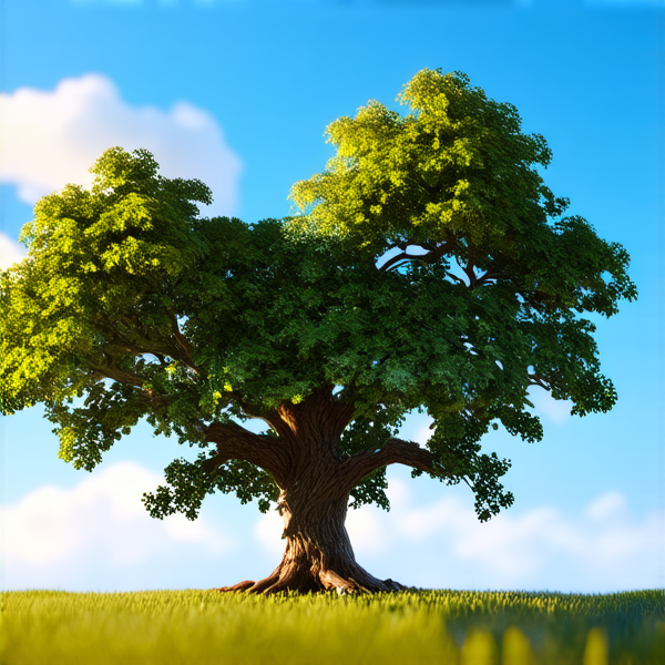 majestueux chêne centenaire aux feuilles vertes luxuriantes, éclairé par une douce lumière dorée du matin, ciel bleu clair en arrière-plan avec quelques nuages légers