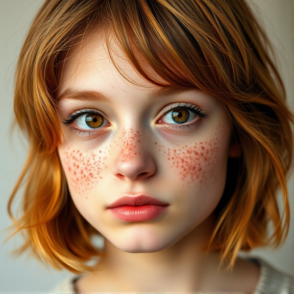 16 year old girl, natural very short orange brown layered hair, middle part,  hazel brown doe eyes, lots of freckles every where, natural eye brows, thinner pale lips longer eye lashes, pale skin color