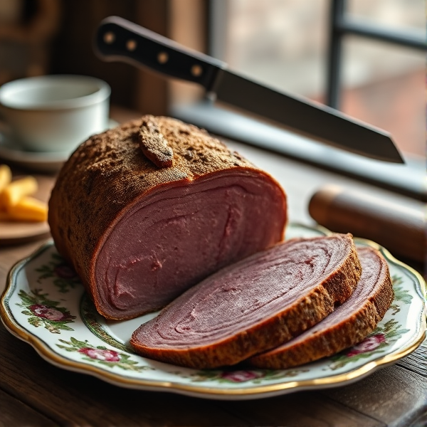 Bologna thick  cut on royal Albert china with machete with Baltimore in background