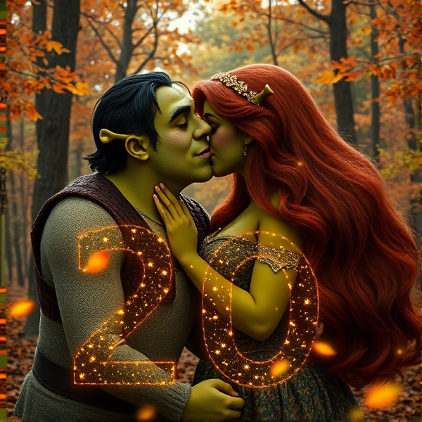 Handsome human like black haired Shrek kisses beautiful red haired female ogre in an Autumn forest with the numbers "20" glowing as fireflies