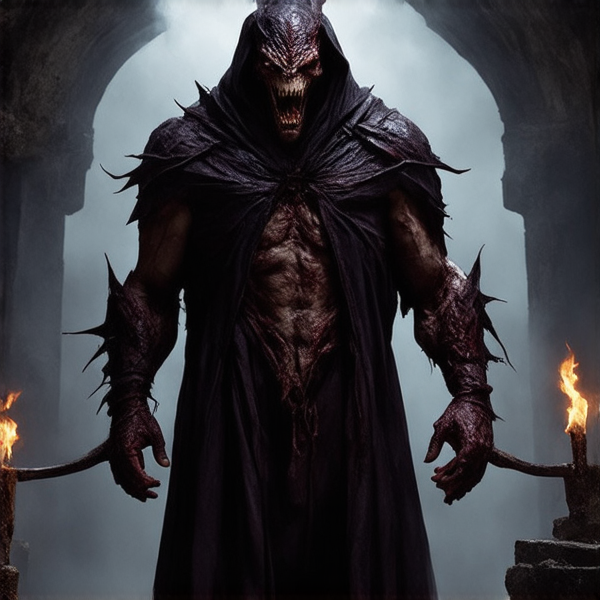 A solitary man, cloaked in a dark robe, stands face-to-face with a colossal demon whose presence exudes malevolence; they are embroiled in an intense dialogue within an eerie, dimly lit environment reminiscent of an ancient dungeon. The demon, towering and muscular, manifests from the swirling shadowy mists that cling to the ground. Sparse torches mounted on the damp stone walls provide a flickering, inconsistent light that casts elongated shadows and accentuates the tense atmosphere of this supernatural confrontation
