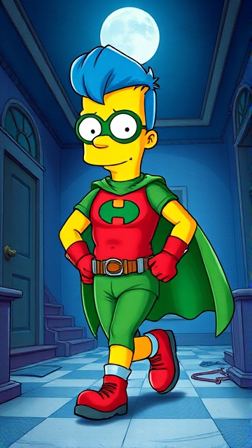 Milhouse Van Houten from The Simpsons, 18 Years Old, with his yellow skin and blue hair that's slicked back at the top, dressed as a parody of Robin, The Boy Wonder, with an extremely muscular body, a green bodysuit with a red torso adorned with a green H symbol on his chest, a grey utility belt, red boots, red long-cuffed gloves, a big green cape, and a green eye mask with optical lenses in it, now known as Houseboy, The Nerd Wonder, the other half of Springfield's Dynamic Duo, and one of the greatest vigilante superheroes ever known in Springfield. He is currently walking through an abandoned house at night, looking for clues to the mystery he is trying to solve.