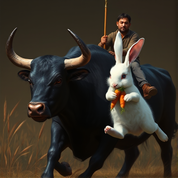 A black bull chasing a white bunny and the white bunny has some carrots In its arms and is running on its hind legs and a farmer is trying to stay on the bulls back without falling off
