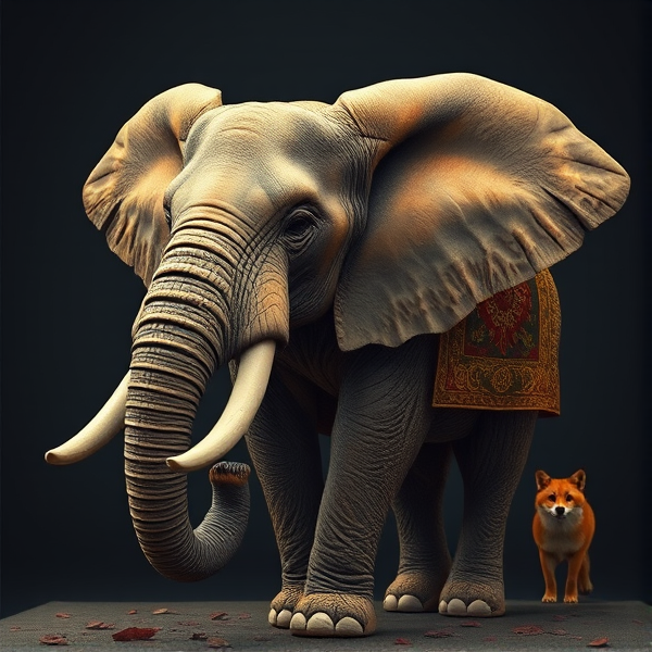 A majestic elephant with orage coat, with fox details