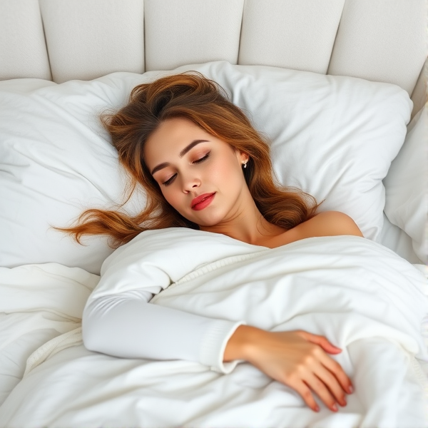 Woman taking a really good nap in a very cozy white bed with a soft blanket, not wearing any makeup and not smiling. Make it look like she’s been sleeping for a while