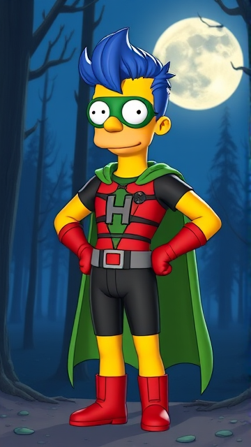 Milhouse Van Houten from The Simpsons, with his yellow skin, really big round nose, and blue hair that's slicked back and curled up at the top, but as a tall, 18-year old teenager, dressed as a parody of Robin, The Boy Wonder, with an extremely muscular torso and arms, a dark green bodysuit with a red torso adorned with a green H symbol on his chest, a grey utility belt, red boots, red long-cuffed gloves, a big, heel-length long, ultra-wide green cape, and a green eye mask with optical lenses in it, now known as Houseboy, The Nerd Wonder, the other half of Springfield's Dynamic Duo, and one of the greatest vigilante superheroes ever known in Springfield. He is currently standing in the forest at night, taking a break from his heroic duties to reflect on his growth and transformation into the vigilante he has become.