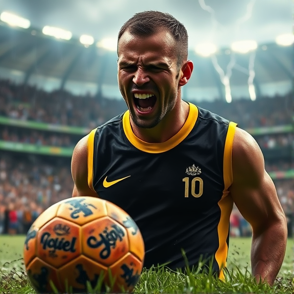 Portrait en gros plan d'un joueur de football ressemblant à Zinédine Zidane en plein triomphe, avec des émotions de victoire intense gravées sur son visage. Ses veines saillantes sur le front trahissent l'effort physique colossal fourni durant le match. Il est capturé dans un cri véhément qui semble faire vibrer les fondations du stade rempli à son apogée. Sa peau luisante et perlée de sueur reflète la lumière des projecteurs, soulignant la tension de chaque fibre musculaire de son visage ciselé par des années d'entraînement rigoureux. Le maillot collant à sa silhouette athlétique révèle une sudation méritée; le chiffre 10 emblématique ressort vigoureusement sur le tissu humide. Derrière lui, l'énergie palpitante du stade est rendue par un ciel menaçant aux éclairs saisissants et une foule en liesse hurlant leur allégresse pour ce moment mémorable. Les supporters aux visages peints avec ferveur aux couleurs éclatantes de leur équipe expriment une exubérance débordante. Au premier plan, le ballon maculé et marqué par la bataille sportive repose nonchalamment sur un sol humide parsemé d'herbes malmenées, ajoutant au sentiment immersif du terrain de jeu après un match ardu sous une averse incessante qui ajoute à l'intensité dramatique ambiante. Le guerrier du terrain porte un gilet noir orné d'un fin liseré jaune vif contrastant avec la scène tumultueuse qui se déploie derrière lui