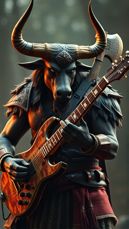 Créer une image d'un minotaure guerrier avec une guitare avec un bout de hache sur le manche