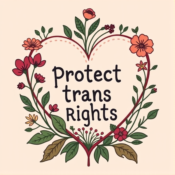 A heart symbol with the outline of the heart being flowers, leaves, and plants. The inside of the heart says protect trans rights in American traditional art style