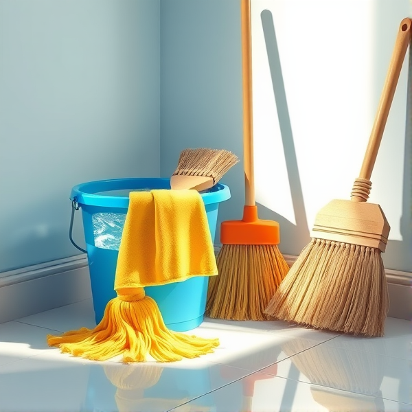A meticulously arranged cleaning corner in a brightly lit room, featuring a shiny blue bucket filled with crystal-clear water, a neatly folded yellow mop resting beside it, a stiff-bristled scrub brush, and an upright broom with clean, natural straw bristles set against the wall. Soft shadows accentuate the textures of each object and the clean, tiled floor reflects the ambient light