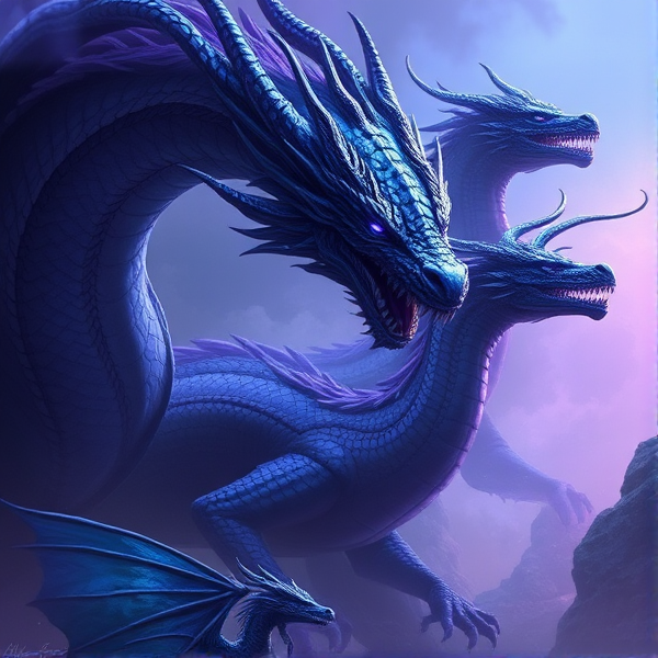 Cinematic blue purple dragons in a dramatic scene