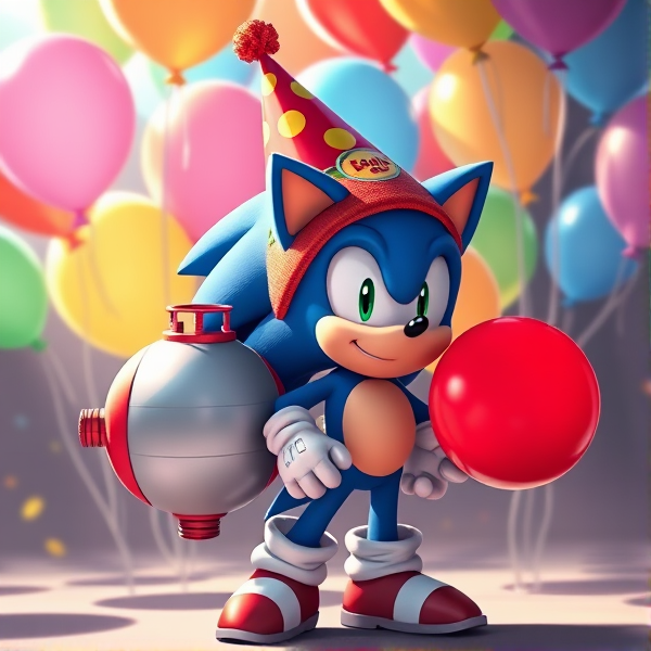 Sonic the Hedgehog dressed in a party hat and holding a large helium tank with a nozzle, surrounded by floating balloons of various colors, some tied to his quills as he stands with a mischievous grin