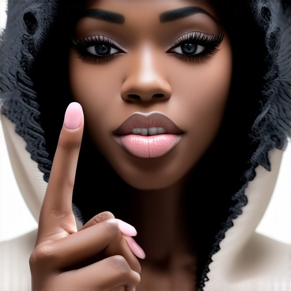 Visage d’une femme noire grosse cagoulé. Avec du gloss sur les lèvres des longs cils et des yeux en amende. Elle fait un doigt d’honneur avec ses ongles manucurés rose beige. Elle a une touffe de cheveux bouclées.