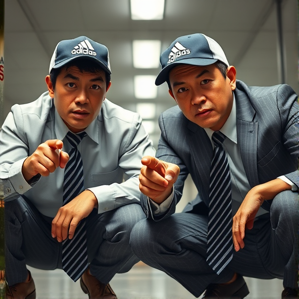 Deux hommes d'affaires japonais puissants accroupis, portant des casquettes Adidas et des cravates rayées longues et des oreillettes Apple  Leurs visages affichent un regard fâché et hypnotique et furieux  pointing , regard dominant, sourcils levés, envoûtant
Ils sont complices et conquérants , ils dominent 
 , accroupis pas trop