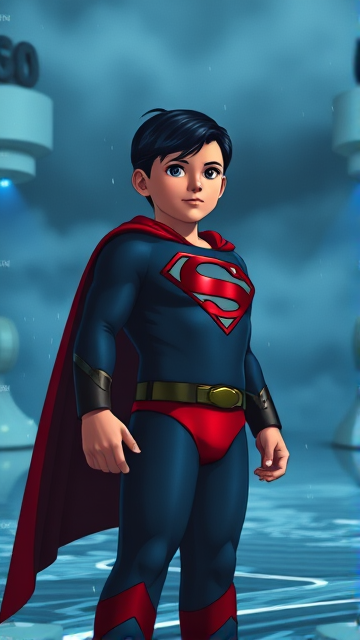 1990's Movie Scene: Jon Kent, AKA Superboy, the young little 12-year old super son of Superman, and the first kid to be born as the world's first Half-Kryptonian child, with an extremely muscular body, the iconic costume, the singular curled bang sticking out at the front of his flat and smooth hair, and a long cape, standing in his secret icy crystal lair in the Arctic, the Fortress Of Solitude, ready for action as he prepares to take flight for the first time so he can honor his deceased father's legacy and fulfill his destiny.