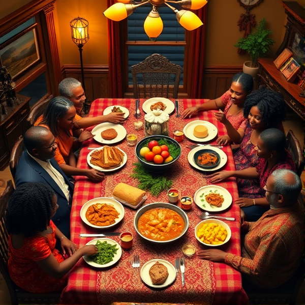 A lively African American big family gathering around a richly adorned dinner table, sharing a traditional soul food meal with dishes such as fried chicken, collard greens, macaroni and cheese, cornbread, and sweet potato pie, all set in a warm and inviting dining room filled with laughter and storytelling