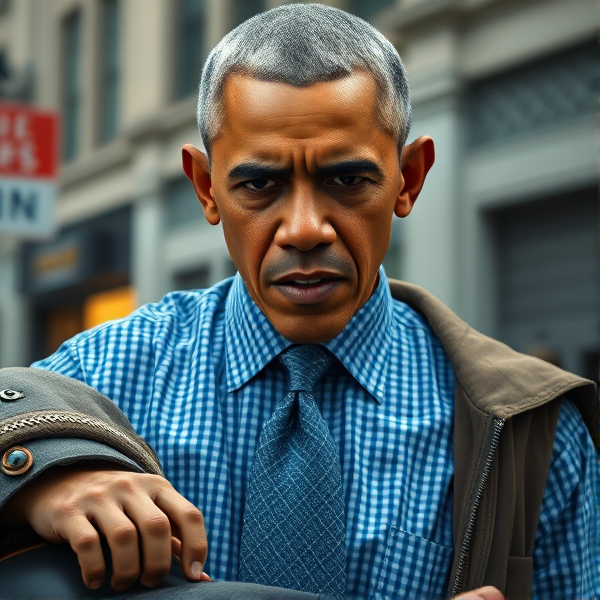 Obama divin en chemise carreaux bleu classique et cravate dont le regard fâché et sans pitié  écrase un clochard et nous regarde sans pitié droit dans les yeux