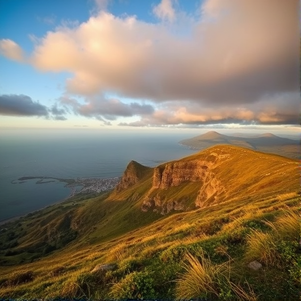 Paysage majestueux depuis une colline avec une vue sue la mer
